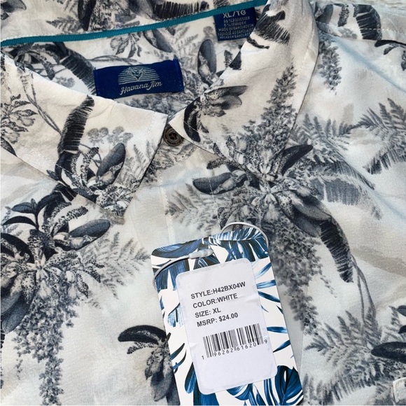 Havana Jim Tropical White Palm Tree Print Men's Button Down Shirt - Picture 2 of 5